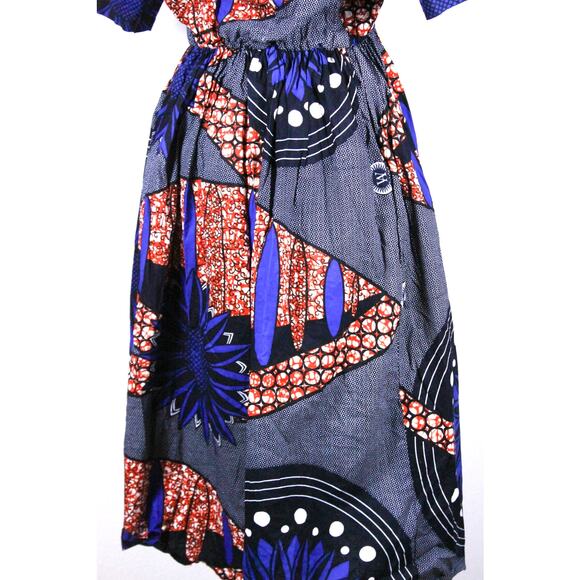 African Ankara midi dress button short sleeve handmade print blue dot sz S/M - Picture 7 of 8